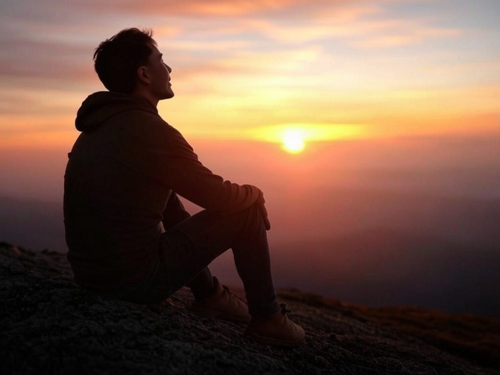 man relaxing on a mountaintop